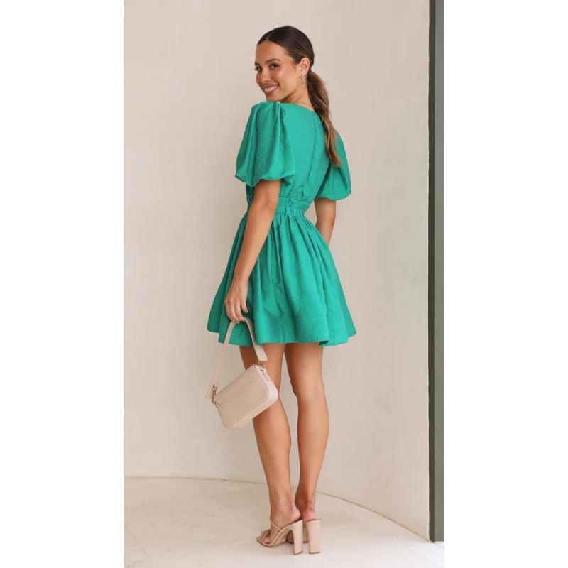 VEZFAA Kvinnemote Sommer Våren Ensfarget Print Kortermet V-hals Høy midje Uformelle kjoler