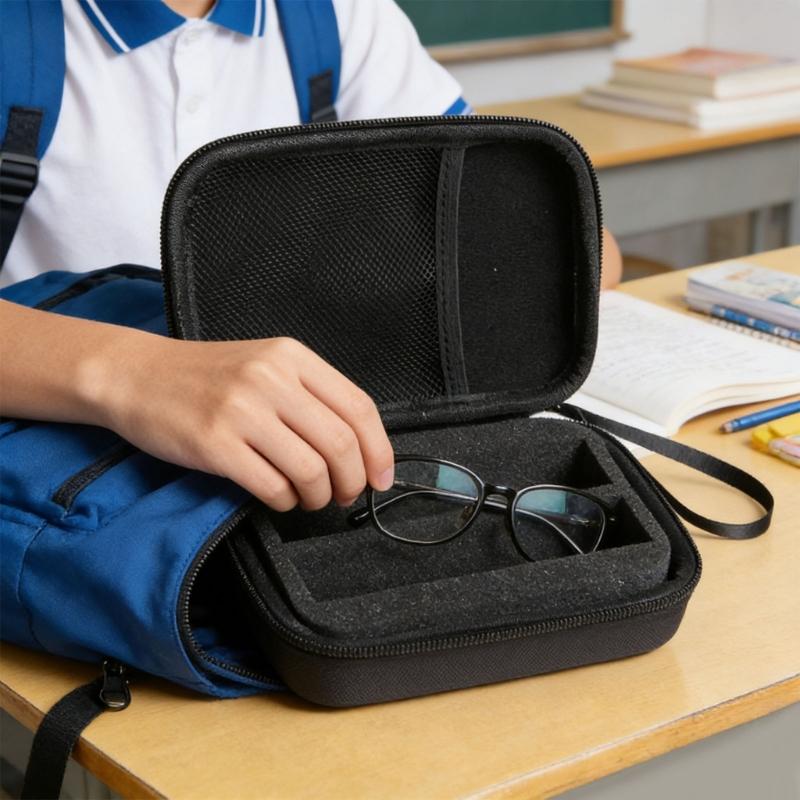 Eyeglasses Travel Carrying Case Scratchproof 2 Slot Sunglass Bag with Straps Shock Resistant Glasses Zippered Organizers