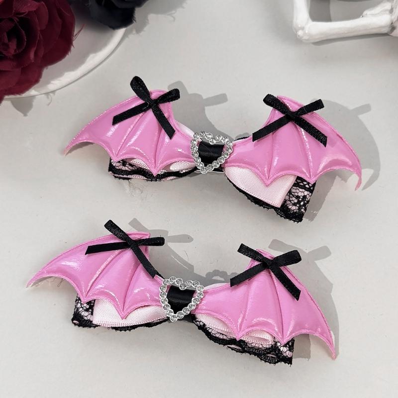 Dark Holiday Hair Barrettes, 1 Pair Halloween Winged Ribbon Design With Heart Detail and Lace Trim for Party Looks