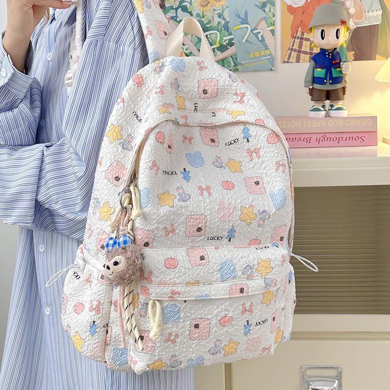 Cute Bow Star Elephant Apple Pattern Student Backpack With Plush Pendant For Middle School Students