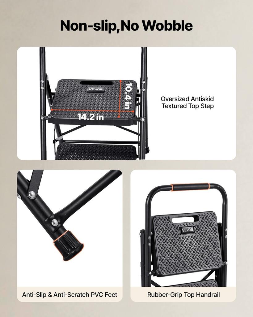 2 Step Ladder, Folding Step Stool with Wide Anti-Slip Pedal and Comfort Handgrip, Lightweight 272 kg Capacity Portable Steel Ladder, Multi-Use for
