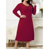 Women's casual long dress with long sleeves V-neck solid color wood earrings plus size dress