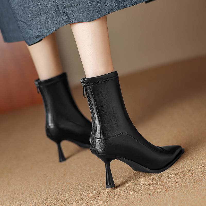 Krazing Pot Microfiber Autumn Winter Shoes Stiletto Thin High Heels Big Size 40 Modern Boots Pointed Toe Keep Warm Zip Ankle Boots