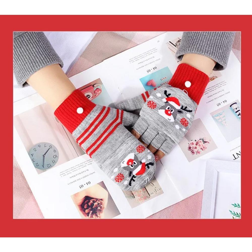 Winter Cute Girls Christmas Gloves Kids Warm Cartoon Gloves Students Fingerless Writing Gloves with Flip Cover 7-13Y