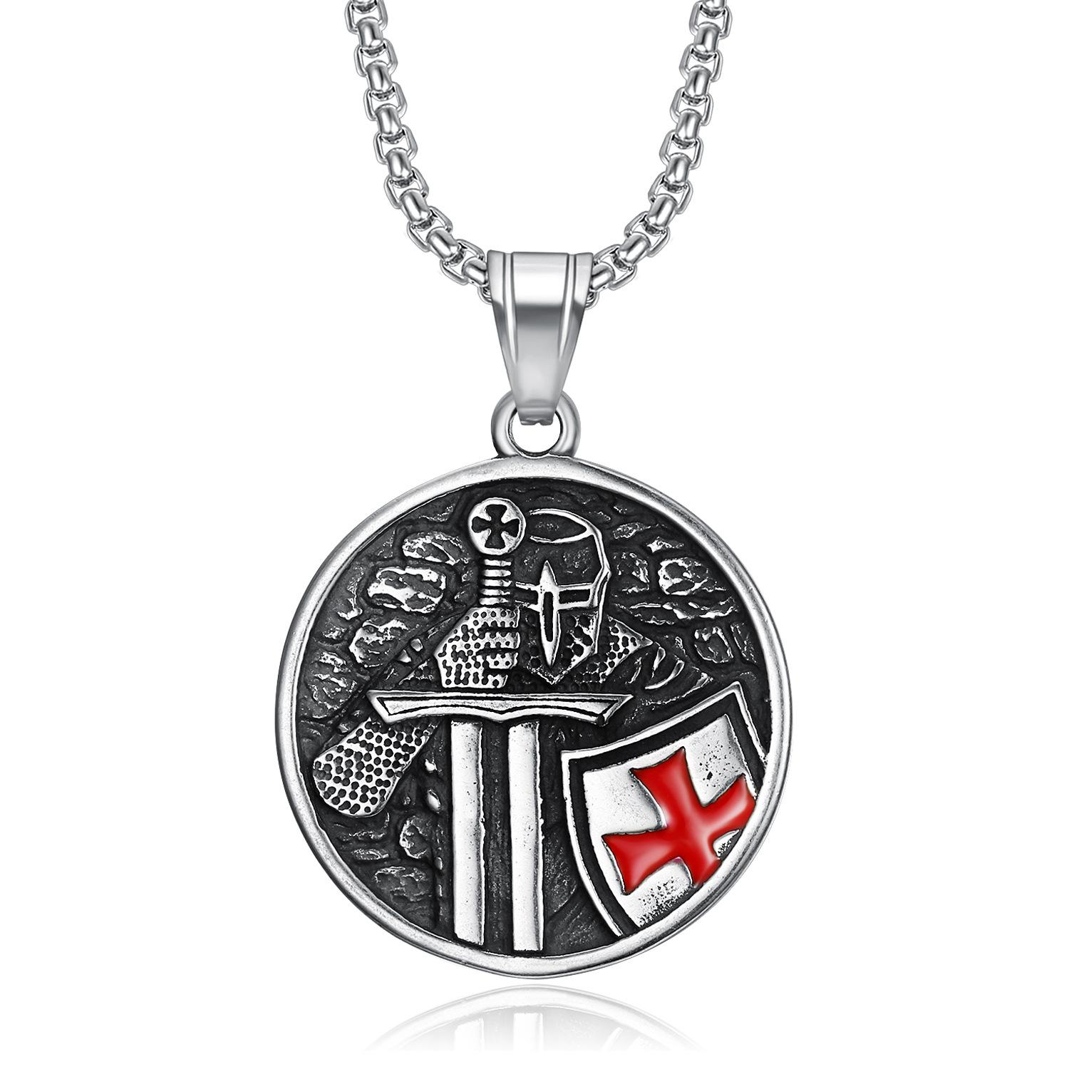 

Cool Mens Stainless Steel Knights Templar Cross Shield Pendant Necklace Chain