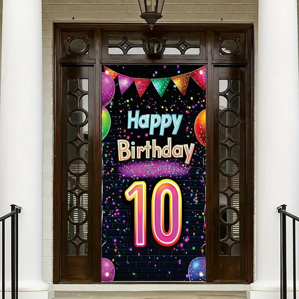 10th Birthday Door Cover Decoration 71 x 35 Inch Colorful Balloons and Lights Banner for Kids Happy Tenth Birthday Party Supplies Photo Backdrop Wall