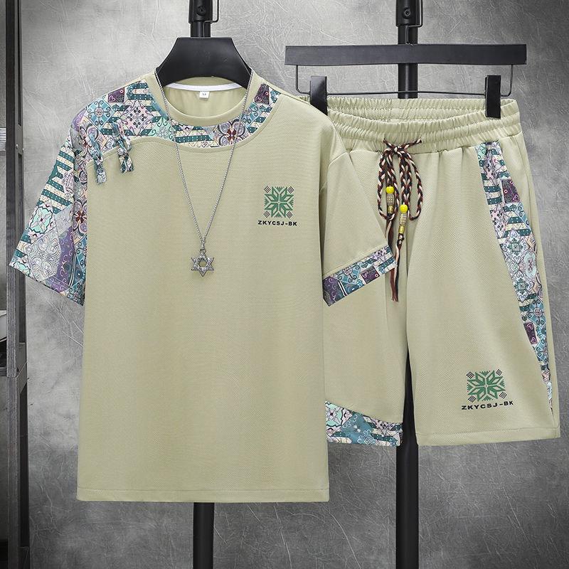 

Summer Fashion Trend Print Comfortable Breathable Short Sleeve Shorts Set Men s Casual Loose Sports Plus Size Two-Piece Set L