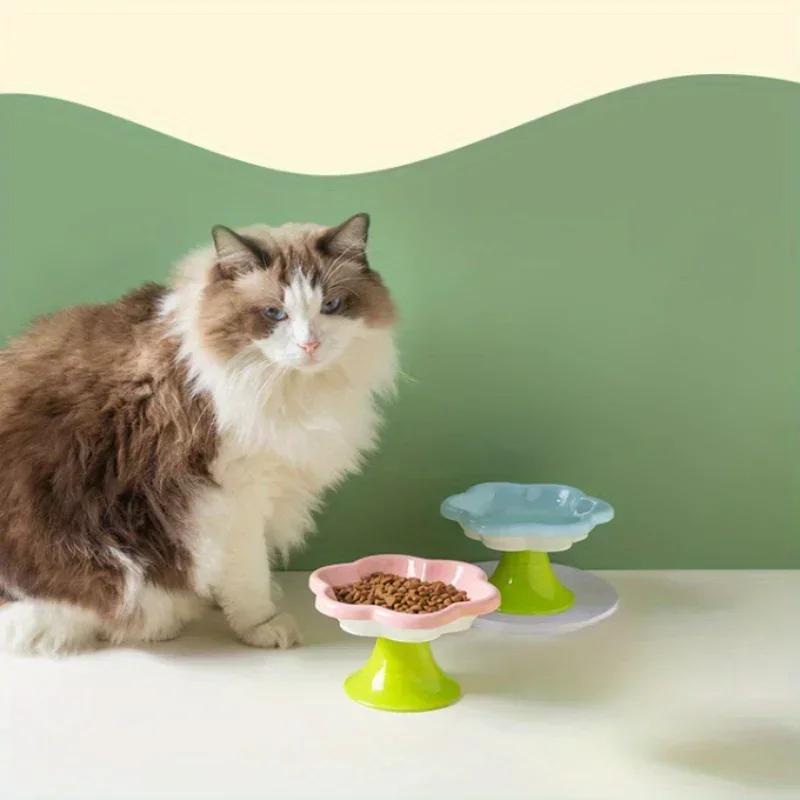 Elevated Ceramic Cat Bowl Flower Design Food Bowl High Foot Water Plate Snack Dish with Stand for Neck Protection Drinking Water