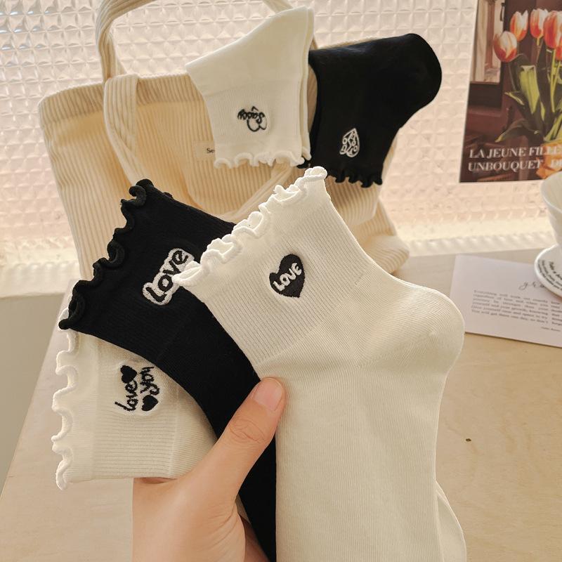 Spring Socks for Women Short Calf Black and White Mushroom Edge Solid Color Mid Calf Socks Embroidered All In One Machine Cotton Socks Thin Style