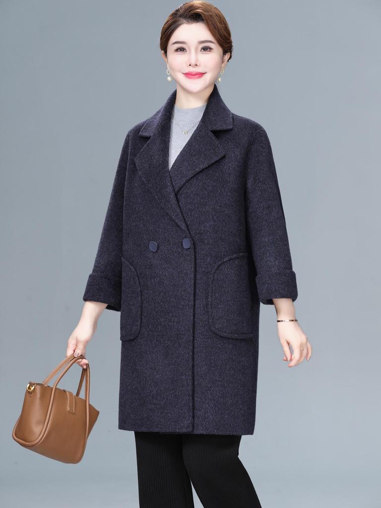 Mom's Stylish Mid-Length Double-Faced Cashmere Wool Coat for Autumn & Winter - High-End, Loose Fit for Middle-Aged Women