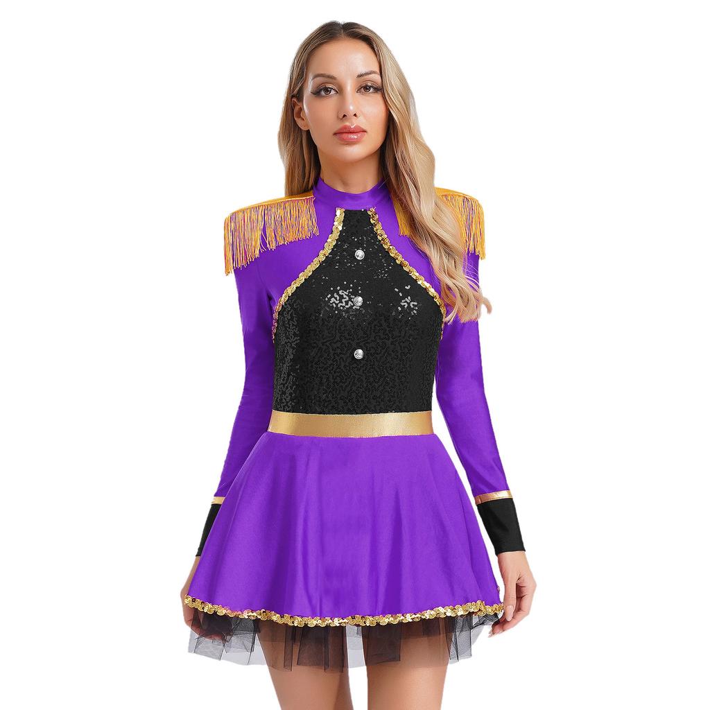 S-XXL Damski Kostium Cyrkowca Body Sukienka Długie Rękawy Frędzle Naszywki na Ramionach Błyszczące Płatki Kostium Cyrkowy Kostium na Halloween