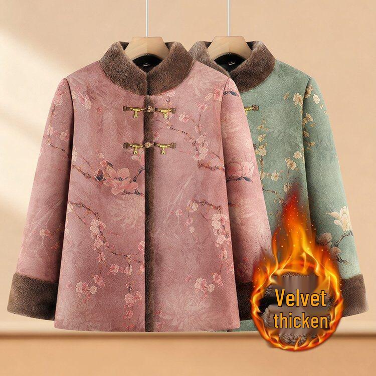 Fur-Lined Autumn-Winter Jacket for Elderly Women - Plus Velvet Chinese Tang Suit Style