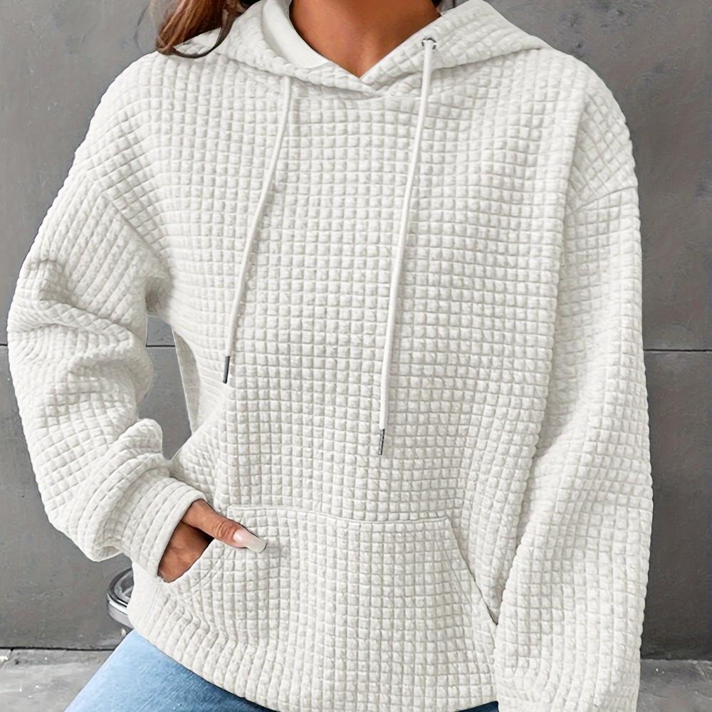 Plus Size Casual Sweatshirt, Women's Plus Solid Waffle Pattern Long Sleeve Drawstring Hooded Sweatshirt With Pockets