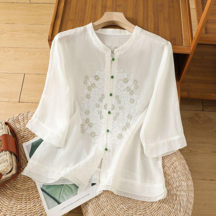 2025 Léto Dámská Literární Móda Ramie Výšivka Stojáček Blůza - Jednobarevná, Volný Střih, Pětirukávový Design