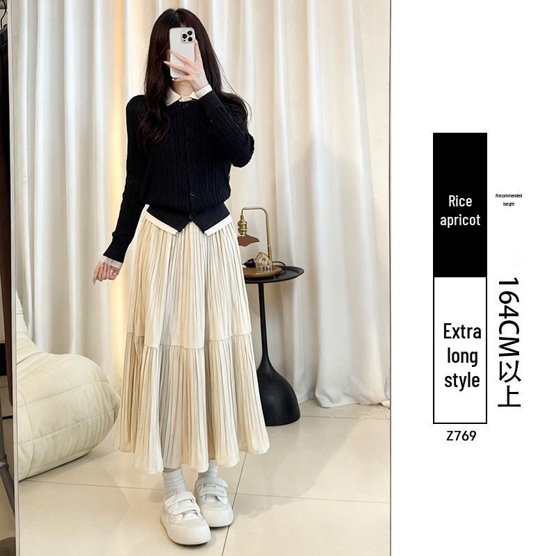 Women's Black Gold Velvet A-line Pleated Midi Skirt, High Waist, Spring/Autumn 2026