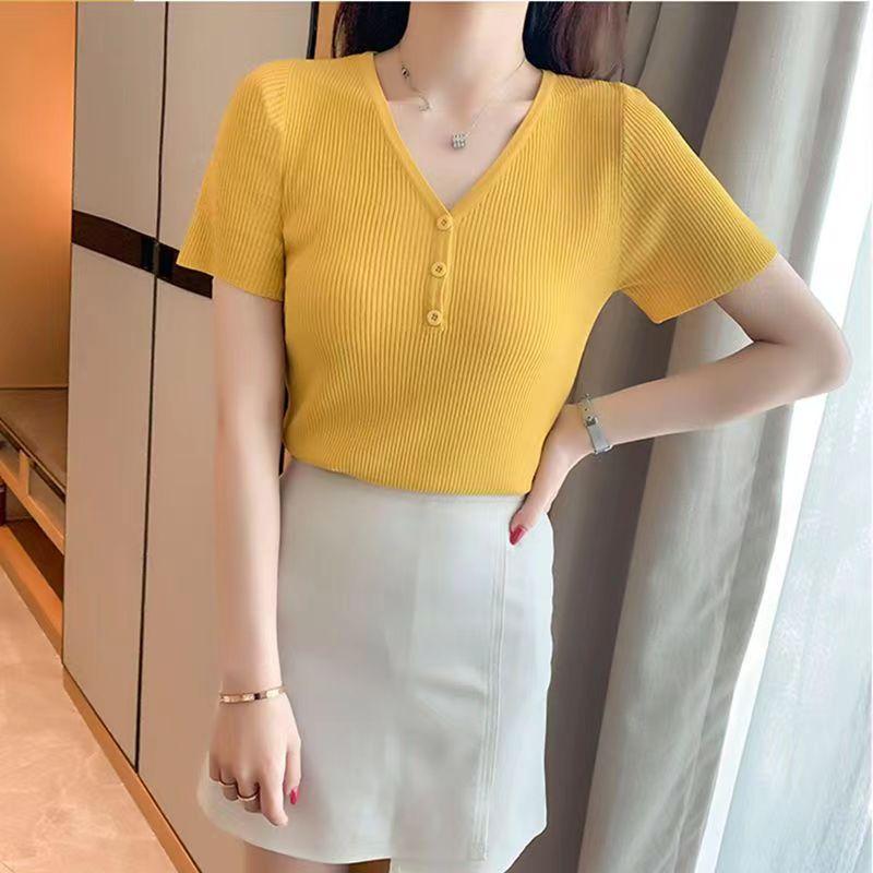 Women Summer V-Neck Short Sleeve Knitted Thin Sweater Shirt Top Short Sleeve Slim Bottoming Button Inner Outer Wear Solid Color