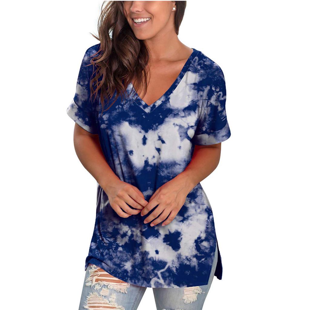 Womens Fashion Plus Size Gradient Color V-Neck Short Sleeve T-shirt Tops Blouse