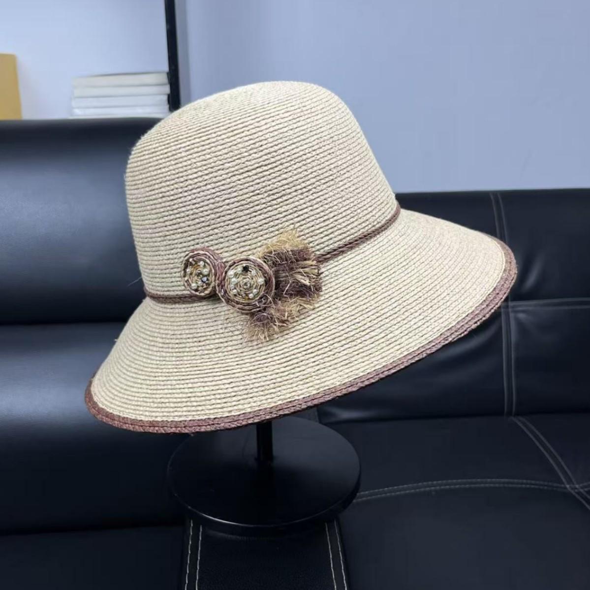 High quality handmade crochet Lafite straw hat women s summer sunshade sun hat straw beach bucket hat M（55-58cm）