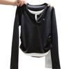 Women's Two-Tone V-Neck Long-Sleeve Slim Fit Top for Spring & Autumn