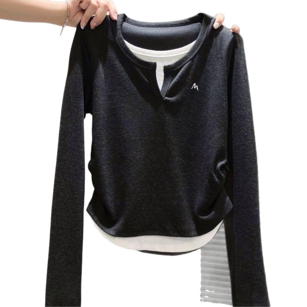 Women's Two-Tone V-Neck Long-Sleeve Slim Fit Top for Spring & Autumn