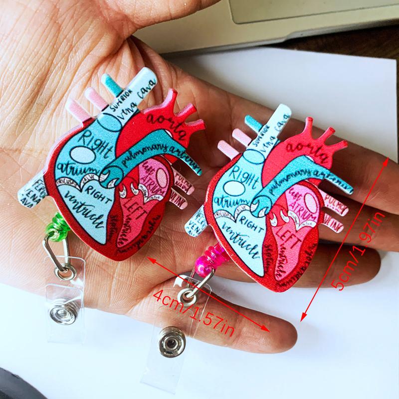 Anatomical Heart Diagram Retractable Badge Reel With Leather Tassel Telemetry