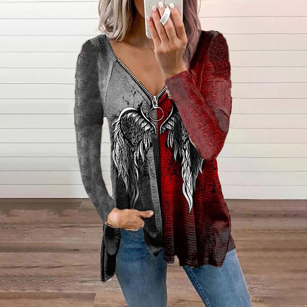 Pullover T Shirts Blouse Tops For Women Long Sleeve  Fall Clothes Casual Loose V Neck Tee Shirts