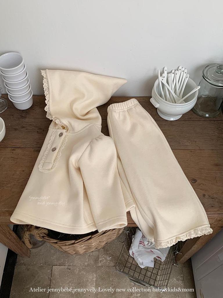 Korean Style Fleece-Lined Winter Set for Baby Girls - Cute Elf Hat Hoodie & Wide-Leg Pants