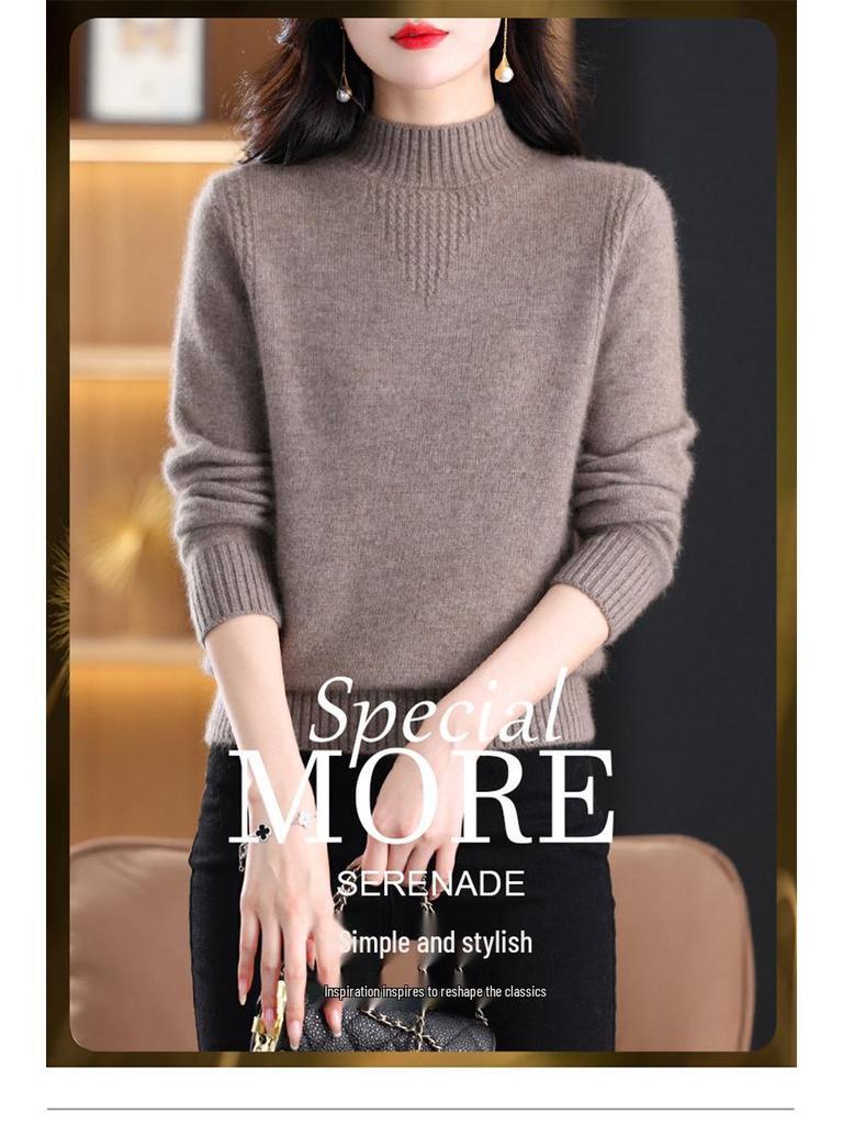 Women's 100% Wool Thick Knit Half-High Collar Winter Sweater for Middle-Aged and Elderly