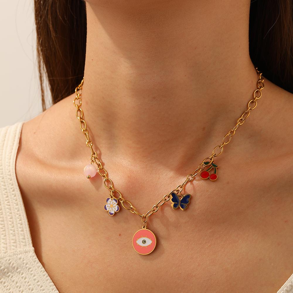 316L Stainless Steel Personalized Eye Colorful Flower Butterfly Cherry Pendant Necklace Women Waterproof Jewelry Gift
