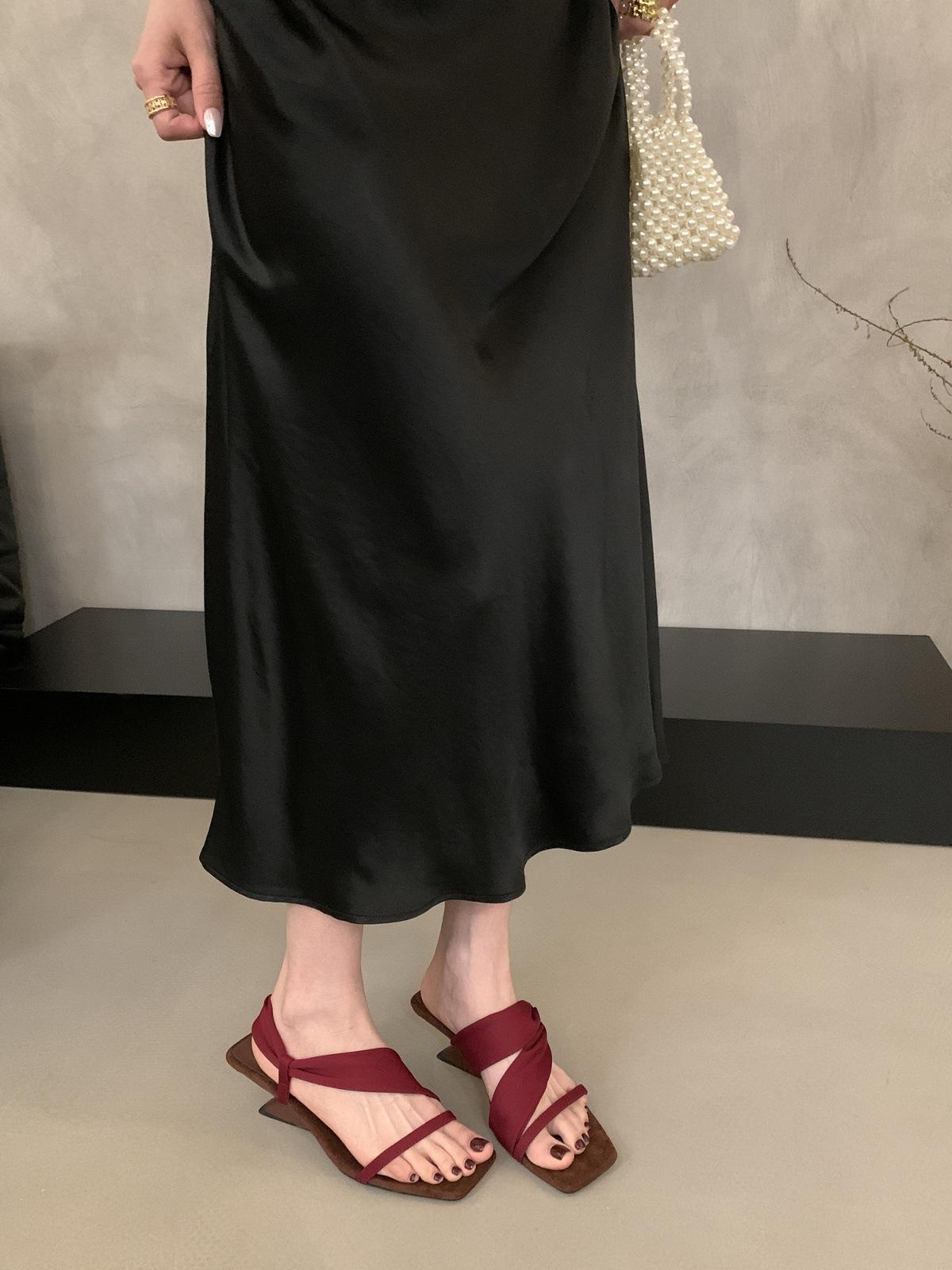 

Красные шлепанцы на танкетке в французском стиле, обувь феи, носить 2025, новый летний темперамент с юбкой, сандалии 40 бордовый