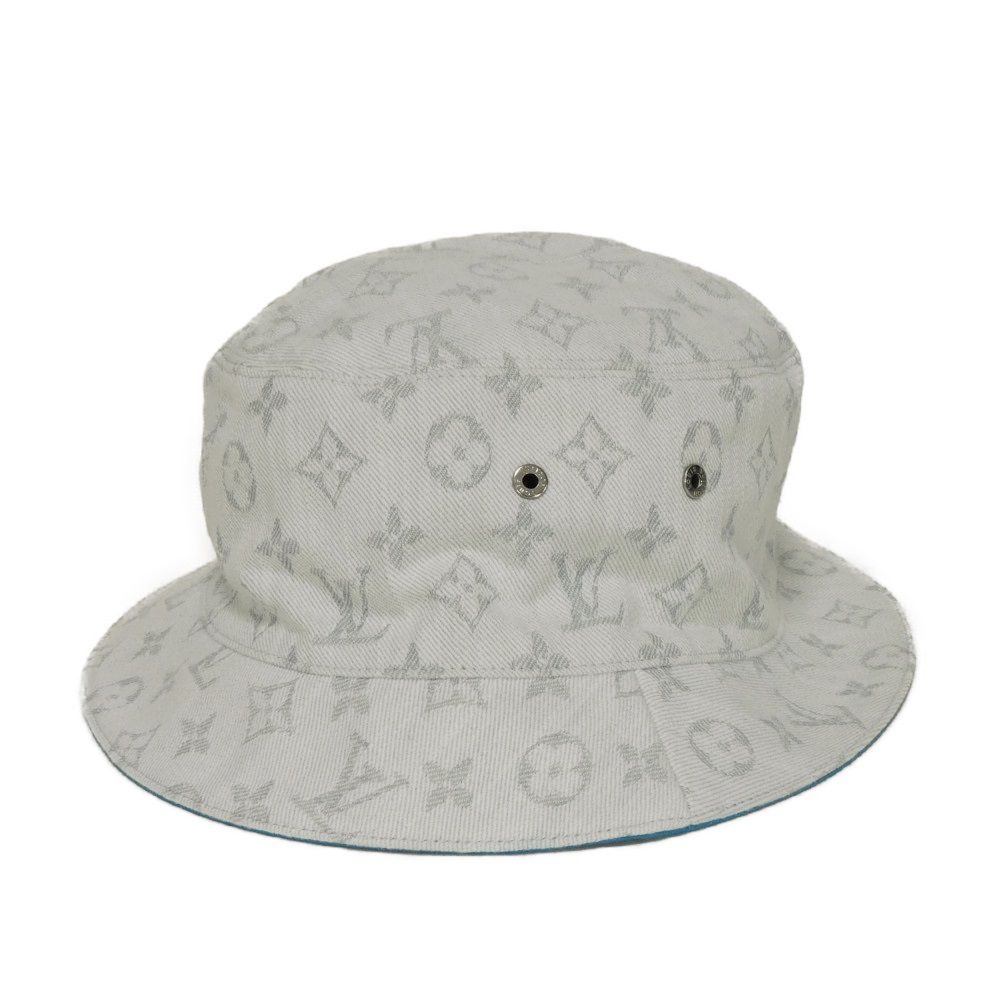 Used 12564 Reversible Bucket Hat M76213 7919 60 Logo Blue Polyester Chapeau Monogram Denim Cotton White Men's from