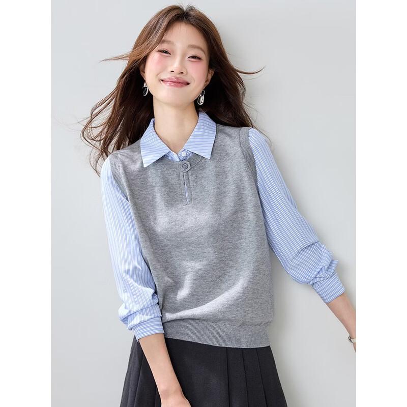 La Chapelle Women's Striped Faux Two-Piece Polo Collar Long Sleeve T-Shirt
