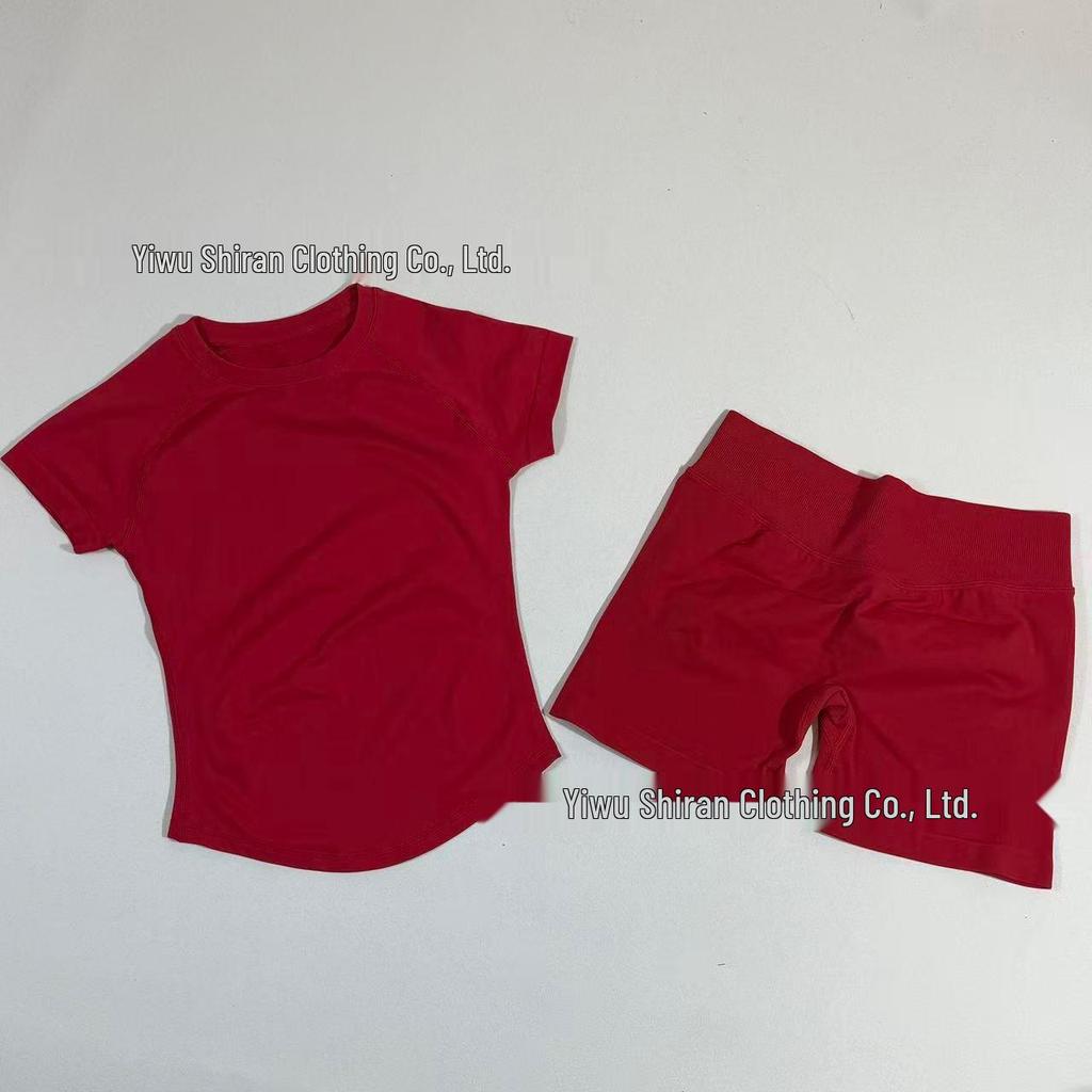 Damen nahtloses kurzärmeliges Sportset mit hoher Elastizität und atmungsaktivem schweißableitendem T-Shirt