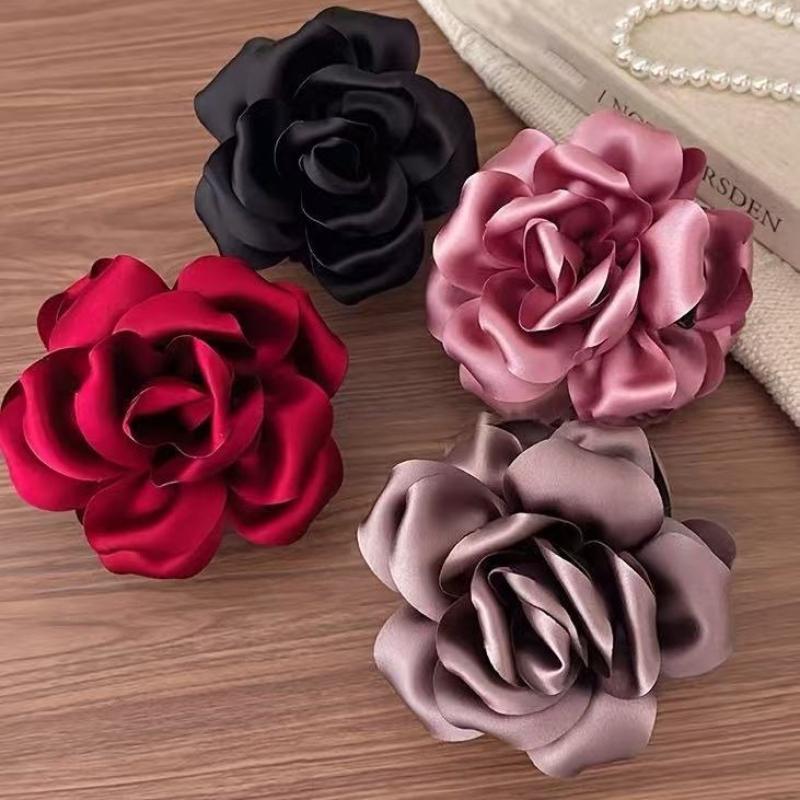 Temperament Satin Rose Flower Headwear Hair Claw Clips For Women Ponytail Holder Shark Clamp Hair Clip Hair Accessories