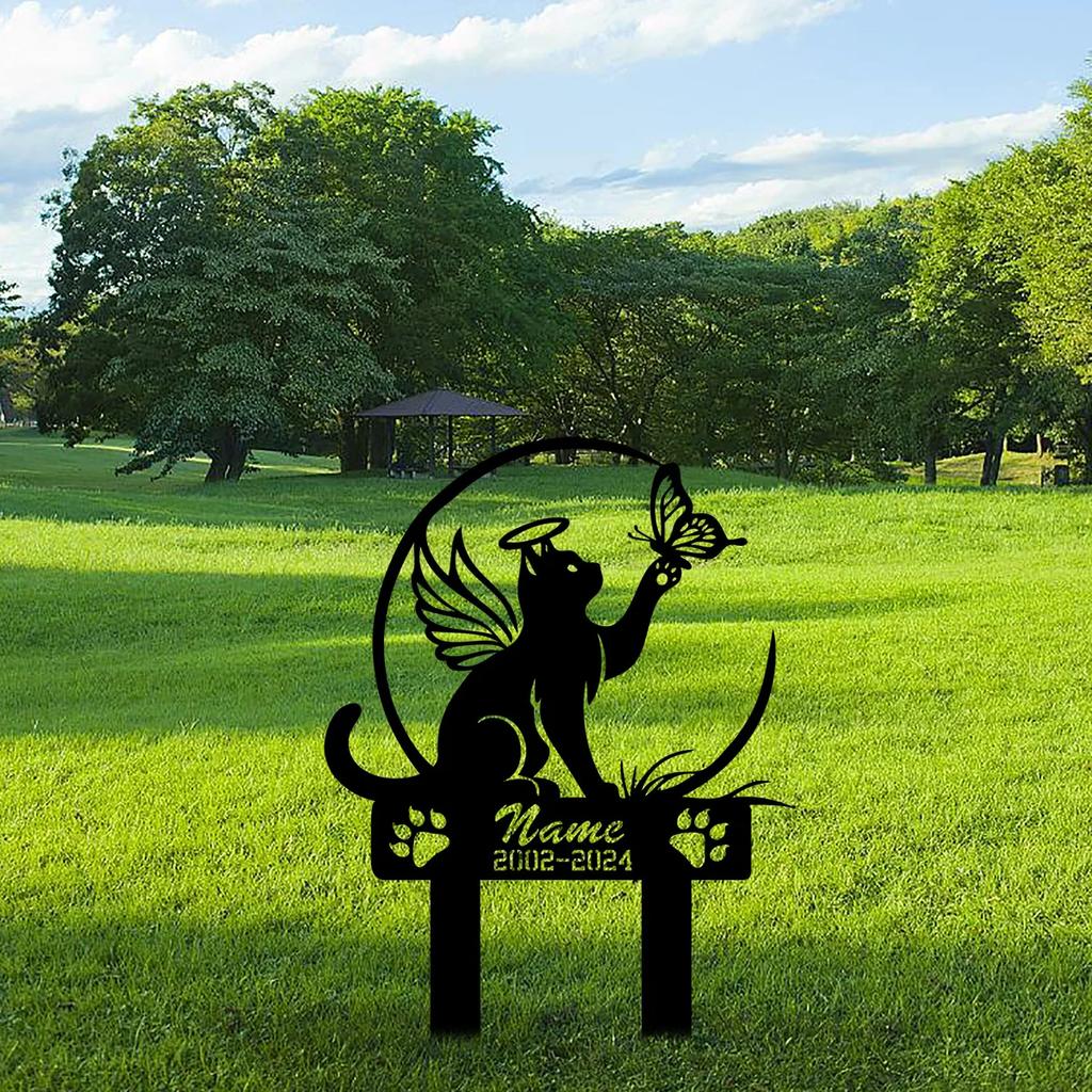 Metal Cat Memorial Garden Stake, Butterfly Decoration for Grave, Pet Sympathy Gift, Outdoor Loss Keepsake