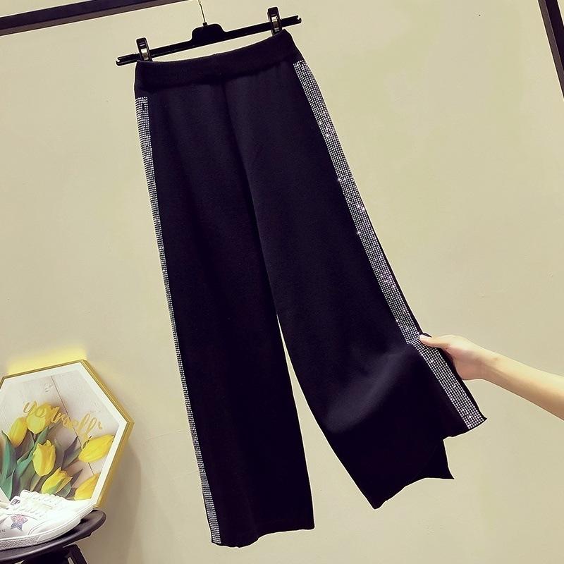 Women's High-Waisted Flowy Wide-Leg Pants with Hot Drilling Details - Fashionable and Casual Long Trousers.