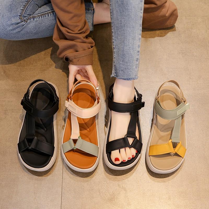 Women's Sports Sandals, Beach Shoes, Daily Casual Outdoor Thick Soled Soft Sole Solid Color Velcro Buckle Women's Shoes