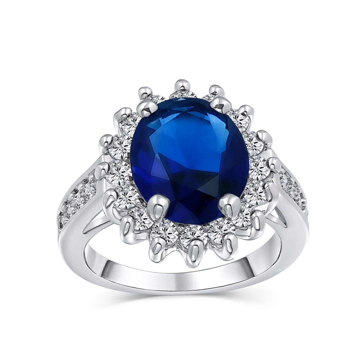 

Art Deco Style Royal Blue Oval Baguette Halo 6 CT AAA CZ Simulated Sapphire Solitaire Statement Engagement Ring for Women Personalized Silver Plated