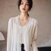 Women's 2025 Tassel Trim Wool Cardigan with French Lace Patchwork