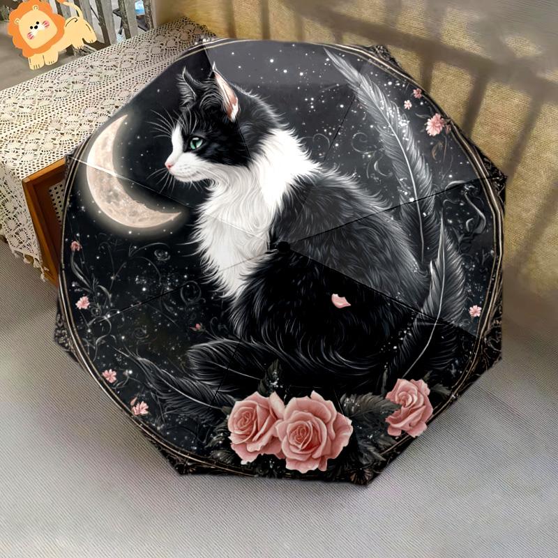 1 PC Automatic Folding Umbrella - Black and White Cat with Moon Pattern, Portable & Foldable Design with 8 Ribs, Christmas Birthday Gifts