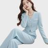 Women's Light Luxury Two-Piece Suit: Blue Short Coat & Wide-Leg Pants