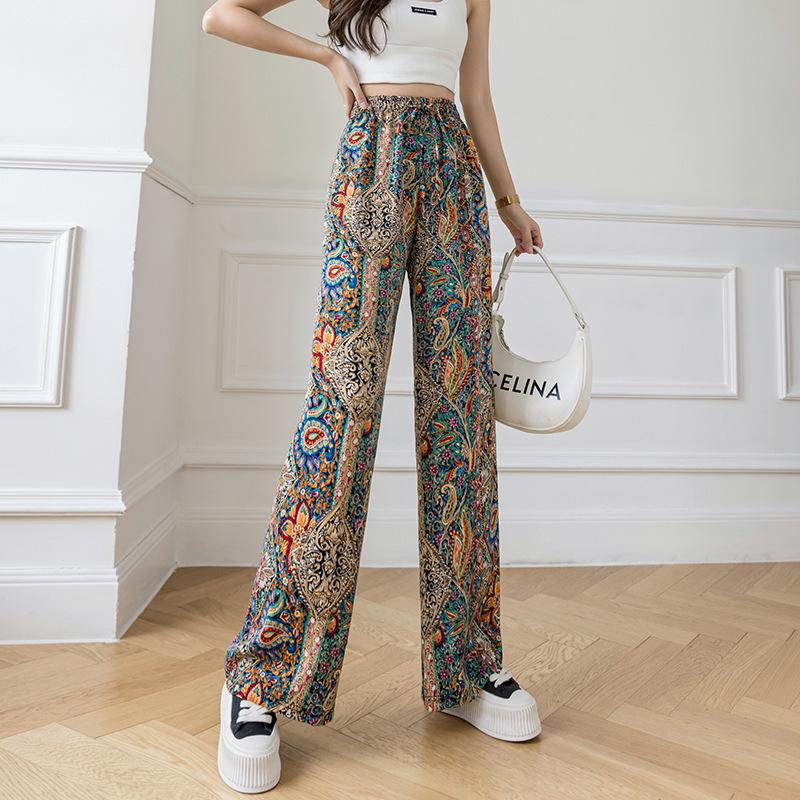 Women's 2026 Summer Ink Painting Wide-Leg High-Waisted Checkered Ice Silk Pants
