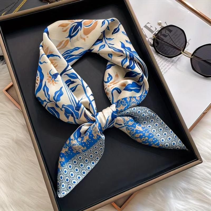 26.77" Green Print Square Scarf Simulated Silk Thin Satin Neck Scarf Elegant Style Professional Decorative Small Scarf For Lady