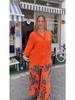 2024 Fashion Women's Cotton Linen Two-Piece Set: Loose Long Sleeve Top & Casual Print Pants