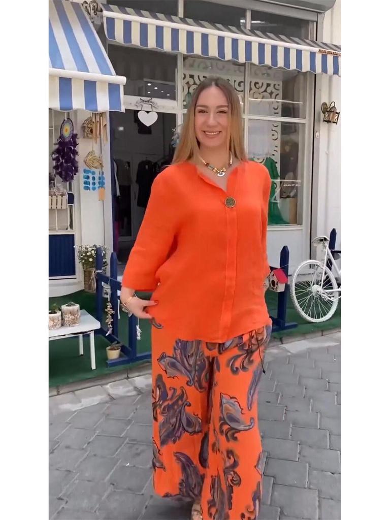 2024 Fashion Women's Cotton Linen Two-Piece Set: Loose Long Sleeve Top & Casual Print Pants
