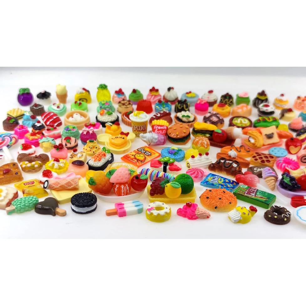 100 Pieces Miniature Food Drink Bottles Toys Dollhouse Pretend Play Kitchen Cooking Game Party Accessories Toys Hamburger Cake Pizza Doll House