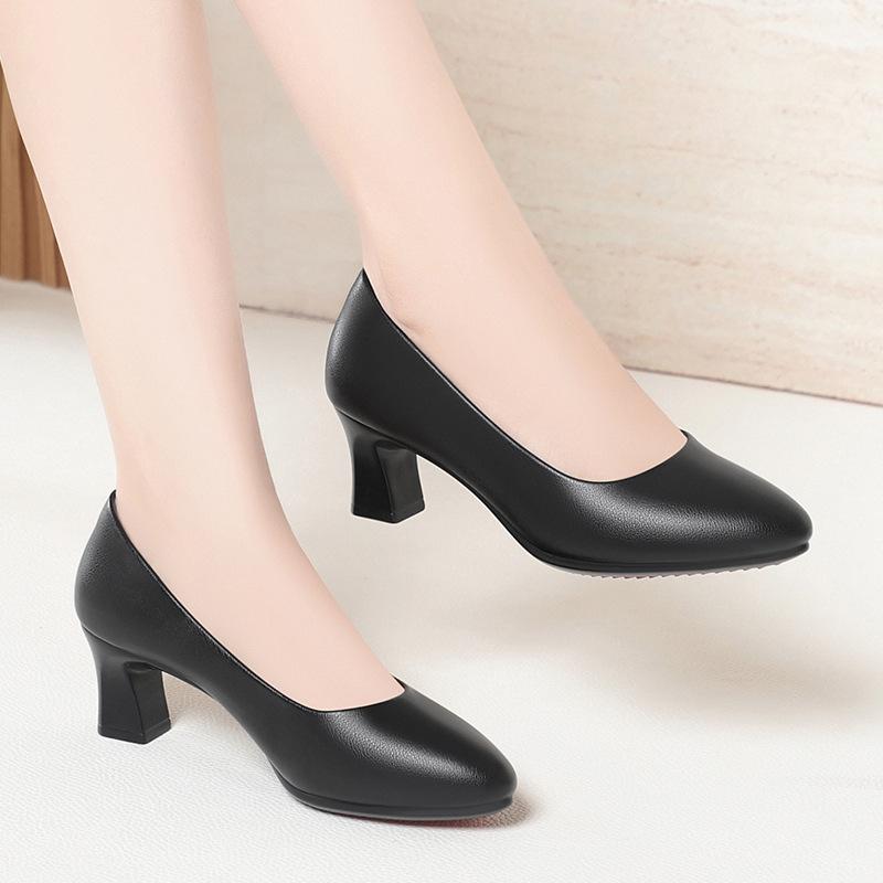 Professional Commuter Shoes, Mid-to-high Heels, Versatile Formal Leather Shoes, Women's Black Work Shoes