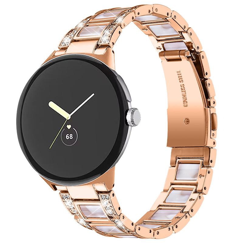 For Google Pixel Watch 3 41mm/Watch 2/Pixel Watch Stainless Steel Resin Strap Bracelet Rhinestone Decor Replacement Wristband