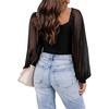 GMXIA Summer Women Fashion See-through Lantern Sleeve Stitching Slim-fit Top Woman