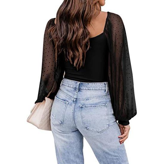 GMXIA Summer Women Fashion See-through Lantern Sleeve Stitching Slim-fit Top Woman